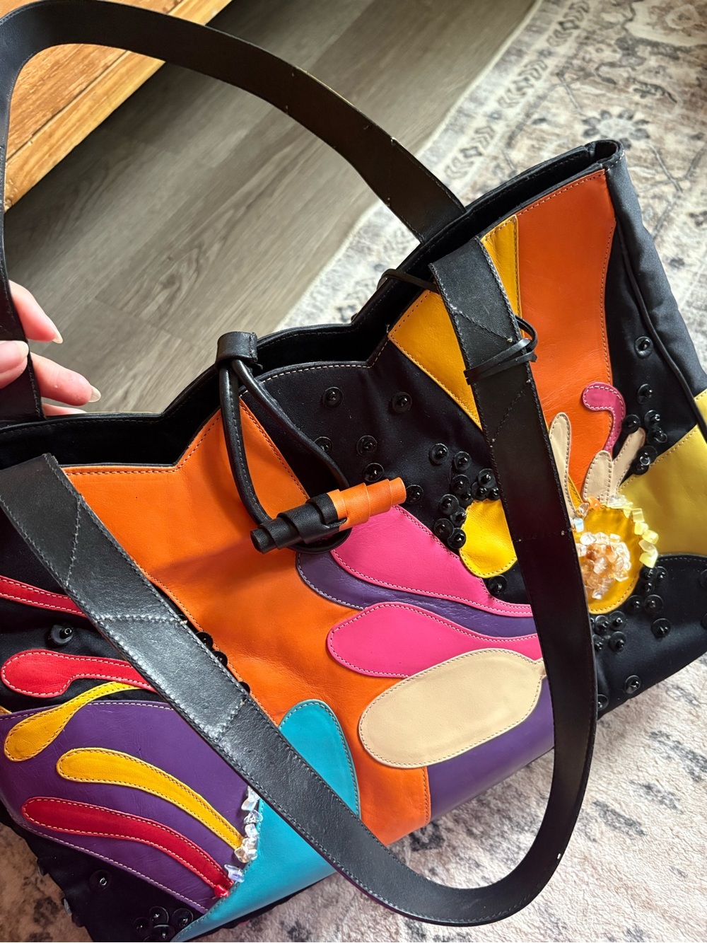 Vintage sharif studio leather colorful floral shoulder bag purse - Picture 7 of 16